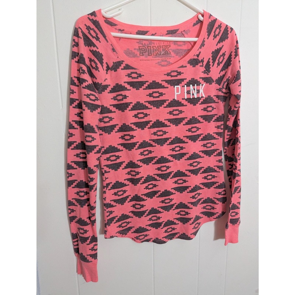Victoria's Secret PINK Long Sleeve Waffle Knit Top Small Pink Geometric Aztec